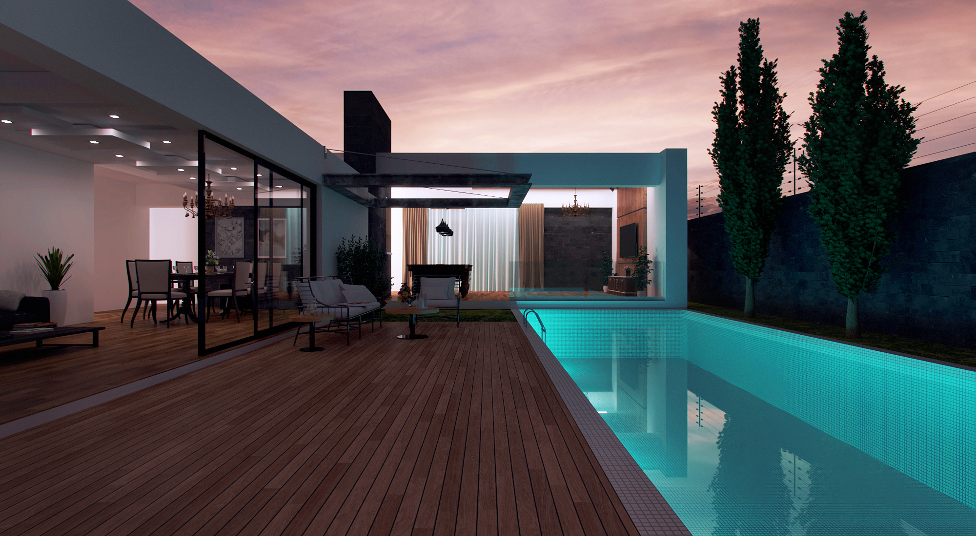 Poolside sunset render with ProWalker gpu for SketchUp