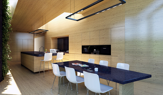 Wood clad kitchen render