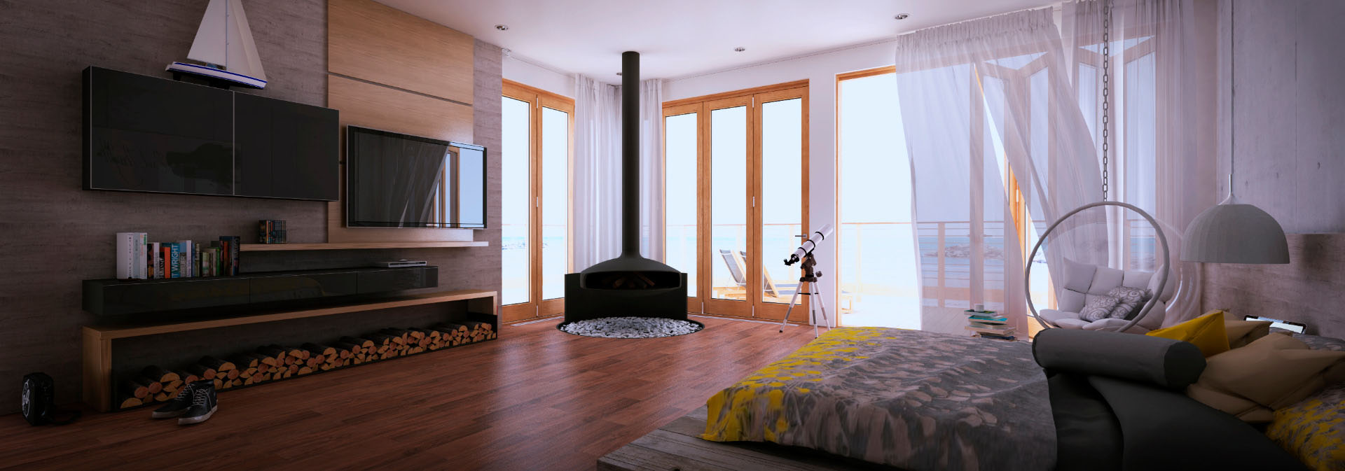 A mid-century bedroom Rendered by Sebastien Raiche in SU Podium