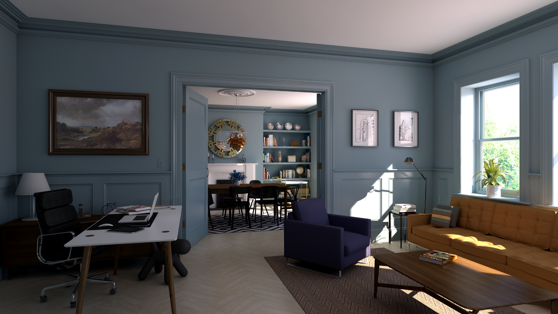 SU Podium living room and office render
